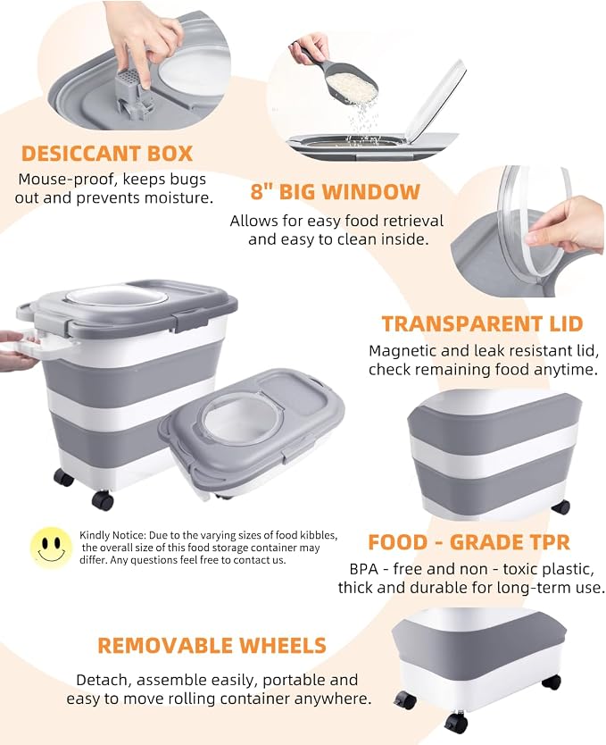 25-28Lbs Dog Food Storage Container Airtight,Collapsible Pet Food Storage | Dog Food Container with Handle,Wheels,Double Airtight Seal Fresh,Save Space,Pest/Mouse-proof,Small Cat Food Container,Scoop