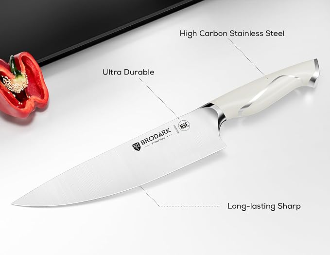 15Pcs Professional High Carbon Stainless Steel Knife Set With Block | Premium Ultra Sharp German Steel Kitchen Knives with Built-in Sharpener, Ergonomic White Handle, Ideal Gift, Ivory Series