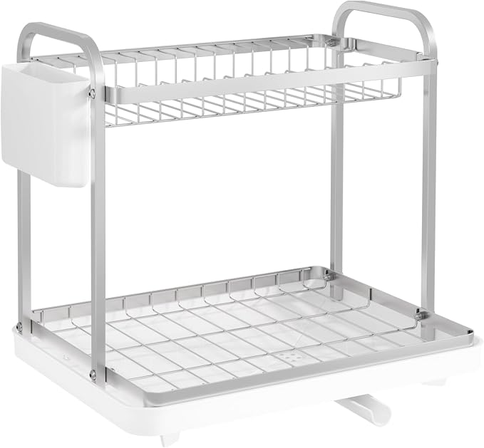 Sakugi Dish Drying Rack 2-Tier 15: x11.4" x15" White Double Rod | Kitchen, Sink Counter, Stainless Steel, Counter Top, Utensil Holders, Cutlery Holder, for Small Family, Easy to Clean