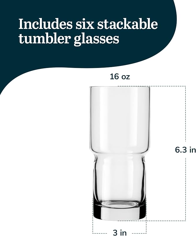 Libbey Newton Tumbler Drinking Glasses, Stackable, Tall Drinking Glasses Set of 6, 16 oz Glasses Drinking Set for Holidays, Birthdays, and More