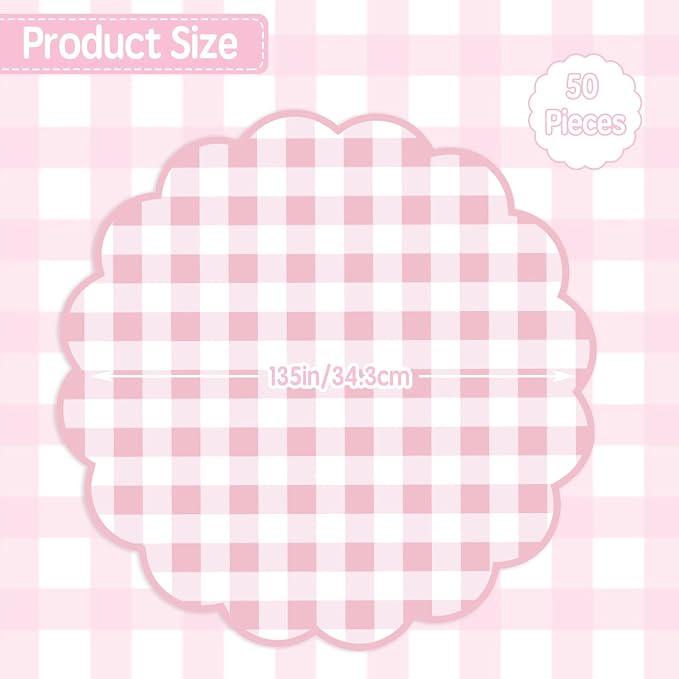 50Pcs Checkered Paper Placemats Pink Gingham Place Mats 13.5 Inch Scalloped Checkered Place Mats Disposable Table Placemats for Table Setting BBQ Baby Shower Wedding Bridal Banquet Tea Party