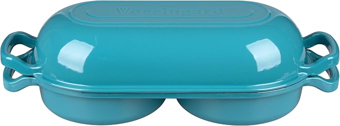 Enameled Cast Iron Double Dutch Oven with Lid, Dual Round Loaf Pan, Bread pan for Homemade Sourdough Bread Baking, Bluegreen