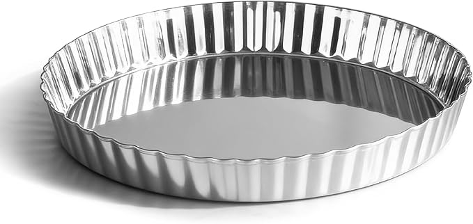 TeamFar Tart Pan, 9.5 Inch Stainless Steel Round Tart Pie Pan, 1PC | Metal Quiche Baking Dish with Fluted Side, for Baking Fruit Tarts Quiches Pies Mousse Cakes, Heavy Duty & Dishwasher Safe