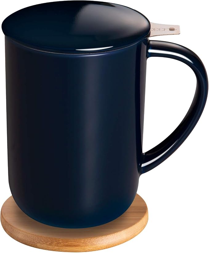 CEEFU 16oz Porcelain Tea Mug with Infuser, Lid and Coaster | Teaware with Filter, Loose Leaf Tea Cup Steeper Maker, Tea/Coffee/Milk/Women/Office/Home/Gift, Navy Blue
