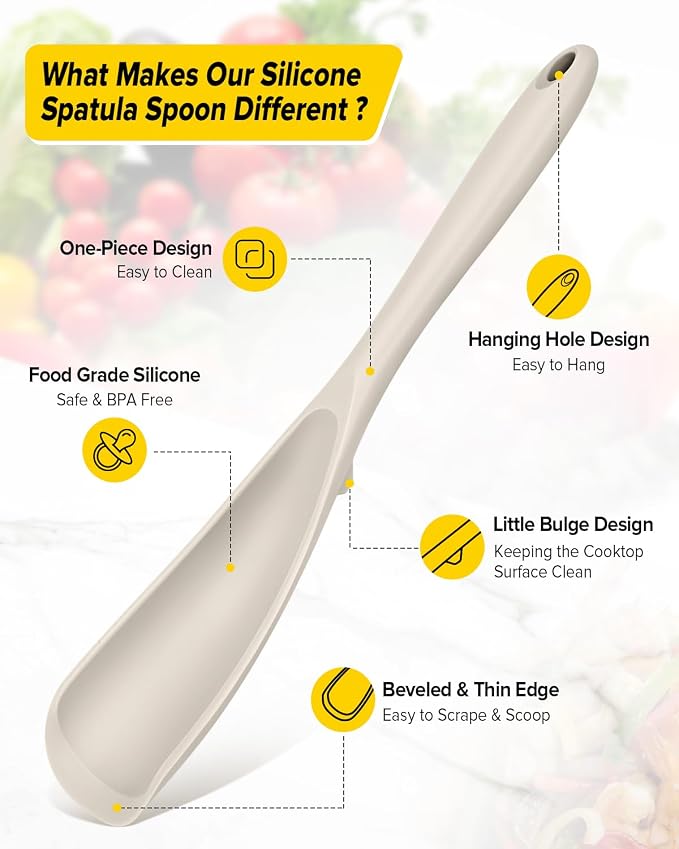 Pack of 2 Cooking Spoons for Non Stick Cookware, Multifunction Spatula Spoon BPA-Free, One-Piece Design, Suitable for Scooping, Scraping, Serving and Mixing (KHAKI-KHAKI)