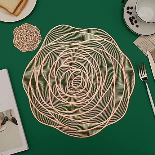 Lyellfe 20 Pack Gold Pressed Vinyl Placemats, 15 Inch Metallic Non-Slip | Washable PVC Chargers Placemat, including 10 Placemats and 10 Coasters for Dining Table, Wedding, Party, Rose Flower Shape
