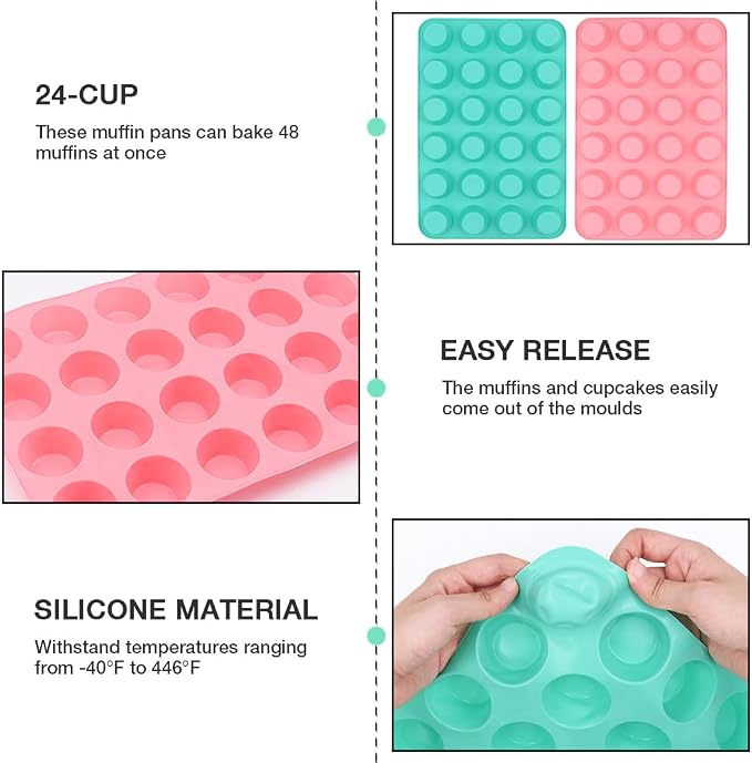 Silicone Mini Muffin Pan, 24 Cups Cupcake Pan, 2PCS | Nonstick, Heat-resistant, Reusable, for Making Muffin Cakes, Tart