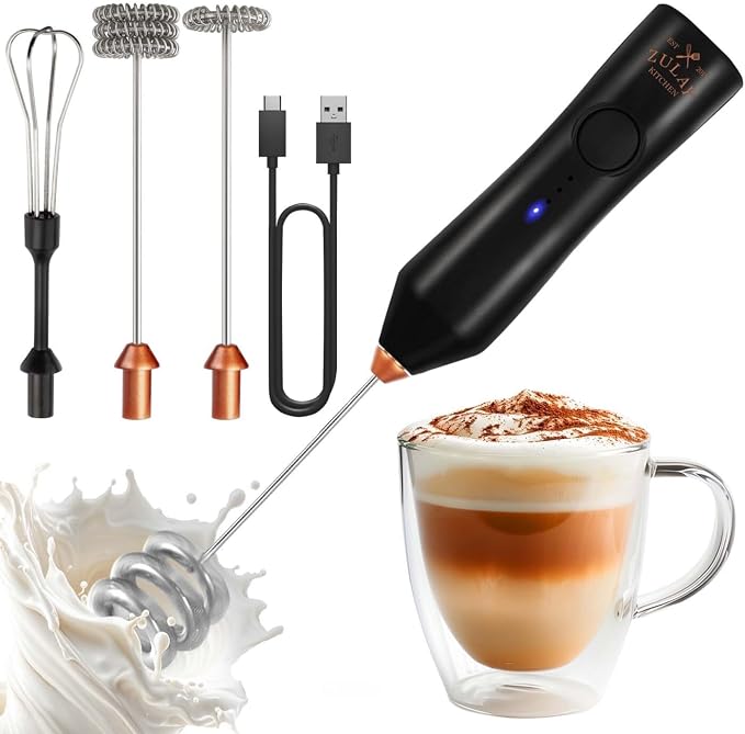 Zulay Kitchen Rechargeable Milk Frother Handheld - Frother Wand, Drink Mixer, Electric Whisk Frother, for Cappuccinos, Matcha & Protein Powder - Dynamic 3 Whisk, 3 Speed 500mAh Black Copper