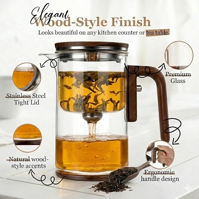 MIIKA Magic Glass Tea Pot with Infuser for Loose Tea – Bottom Dispense Stainless Steel Strainer, Borosilicate Glass, Elegant Tea Scoop, Protective Base and Drip-Free, Easy-to-Clean Design