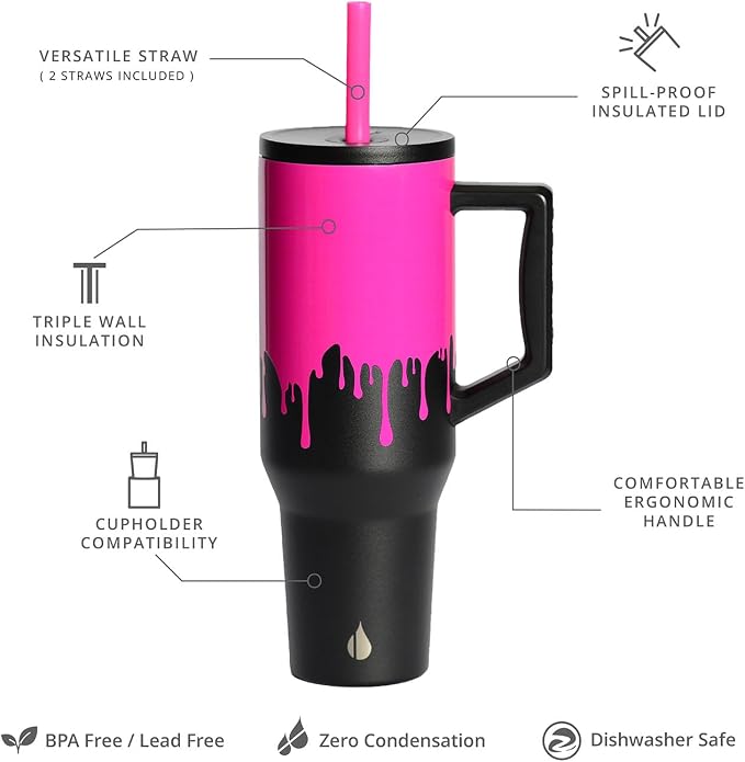 Elemental Spill Proof 40oz Insulated Tumbler with Handle & Straw Travel Mug | Stainless Steel Commuter Travel Coffee Mug for Cold Beverages, Includes 2 Straws & a Spill Proof Lid for Everyday Use