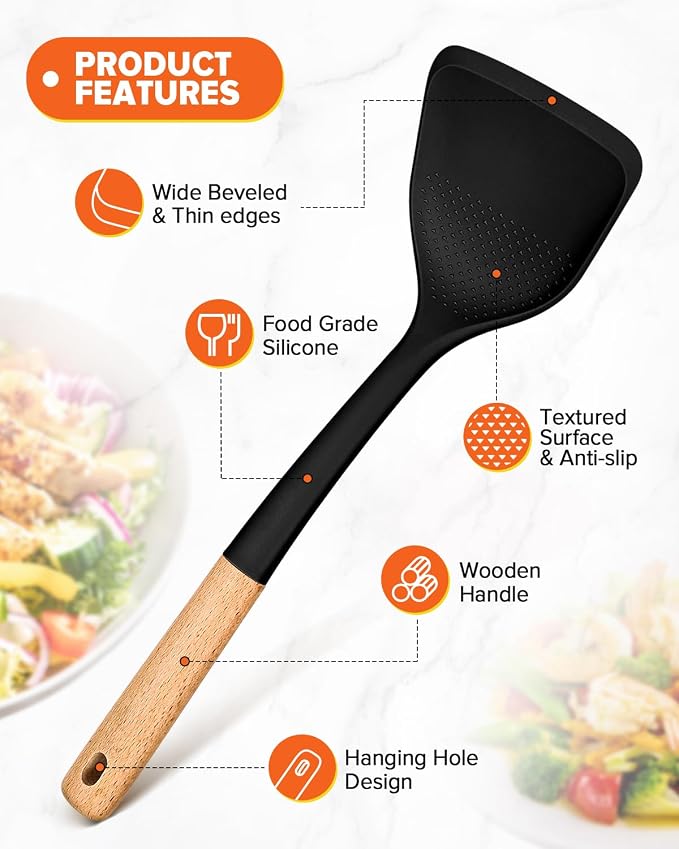 Silicone Cooking Utensils Set, Safe for Nonstick Cookwares, Black | Perfectly Angled for Frying, Mixing,Serving,Draining,Turning and Stirring, BPA-Free Matte Silicone, Wood Handles,4 Pack