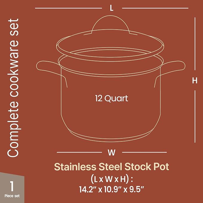 Stainless Steel Stockpot with Tempered Glass Lid 12 Quart, Durable 18/0 Stainless Steel, Impact-Bonded Base for Even Heating, Riveted Handles, Oven & All Stove Compatible, Safe Up To 500°F (260°C)
