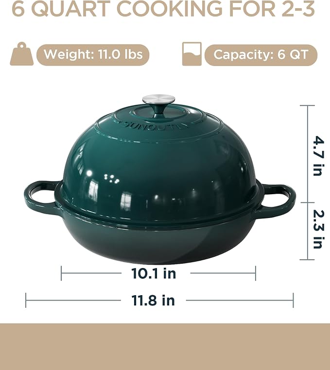Enameled Cast Iron Bread Oven, 6QT Cast Iron Dutch Oven for Homemade Sourdough Bread Baking, Round Bread Pot with Dome Lid & Cotton Potholders, Bottle Green