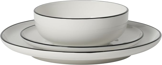 Gibson Home Havenstone 12-Piece Dinnerware Set – Dinner Plates, Salad Plates & Bowls, Classic White With Black Rim Everyday Dish Set for Home, Kitchen, Microwave & Dishwasher Safe