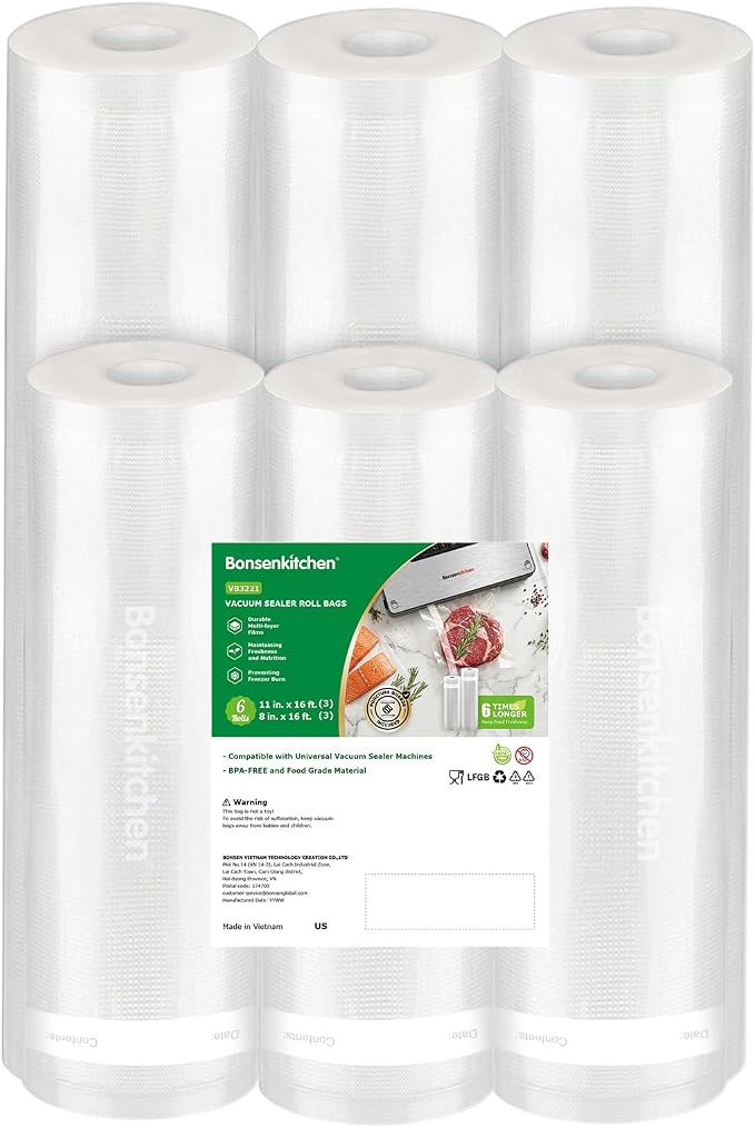 Bonsenkitchen Vacuum Sealer Rolls Bags, 3 Rolls 11"x 16' + 3 Rolls 8"x 16' | Commercial Grade, Heavy Duty, BPA Free, Food Storage Bags, Removes Air to Keep Food Fresh Longer, VB3221