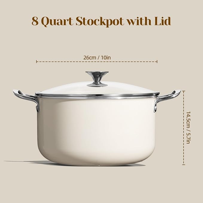 Ceramic Nonstick Stock Pot with Lid 8 QT Large Induction Cooking Pot with Stainless Steel Handles, Non Toxic Soup Pot for Stews, Oven & Dishwasher Safe, Cream White