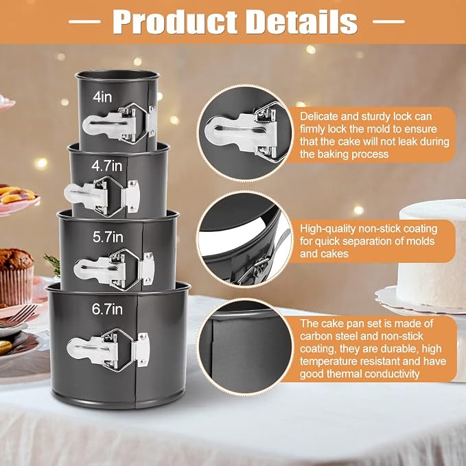 Springform Cake Pan Set of 4(4”/4.7”/5.7”/6.7”),Heighten Mini Nonstick Carbon Steel Cheesecake Pan,Leakproof Cake Baking Pans with Removable Bottom,Mini Spring Form Pan(size:4 size)