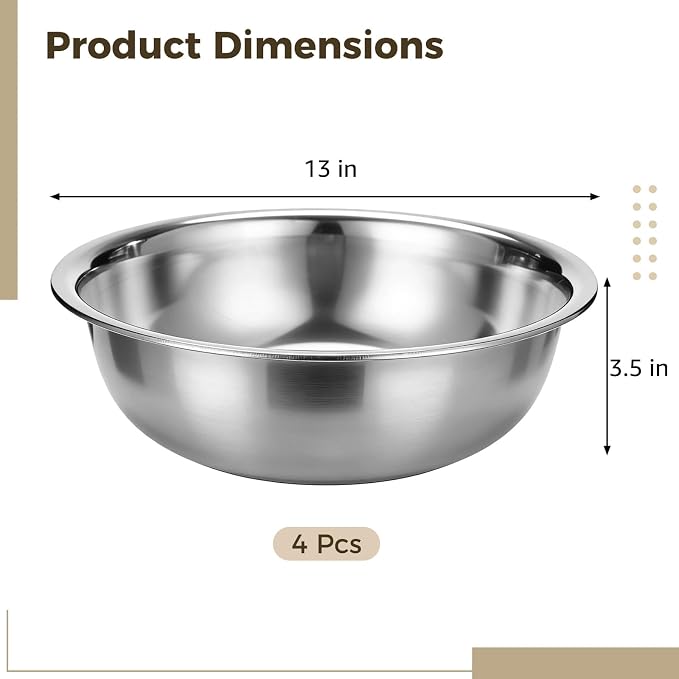 4 Pcs Stainless Steel Mixing Bowls, Extra Large Metal Mixing Bowls | 13 x 3.5 in Capacity Deepened Thickened Basin Salad Bowl, Dishwasher Safe, Mirror Finish for Home and Commercial