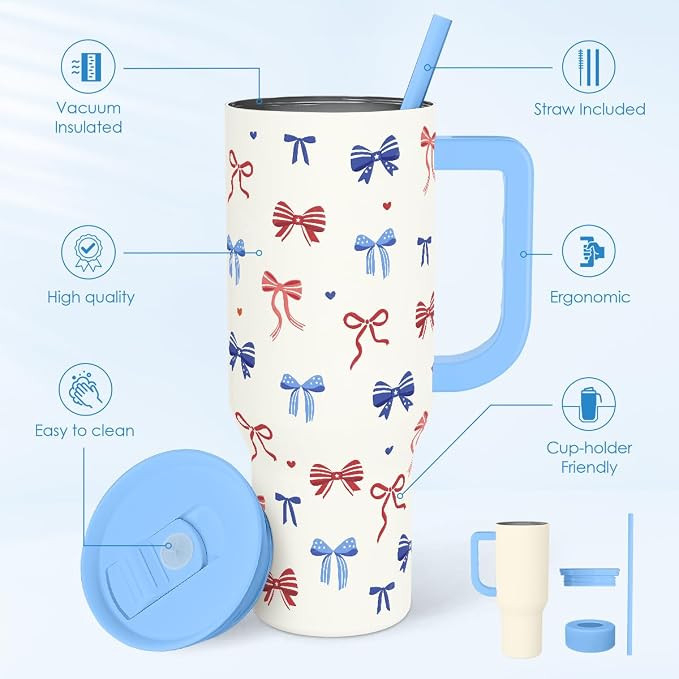 SANDJEST American Flag 40oz Tumbler with Handle and Straw, Insulated Stainless Steel Travel Coffee Mug for Women Girls, Gift Idea for Birthday Christmas 4th of July (Bow)