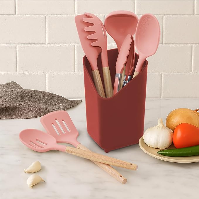 Glad Silicone Kitchen Utensils Set, 8pcs - Nonstick Cooking Tools with Wooden Handles and Utensil Holder - Spatula Set with Turner, Ladle, Spoons, Tongs, and Spaghetti Server - Rust
