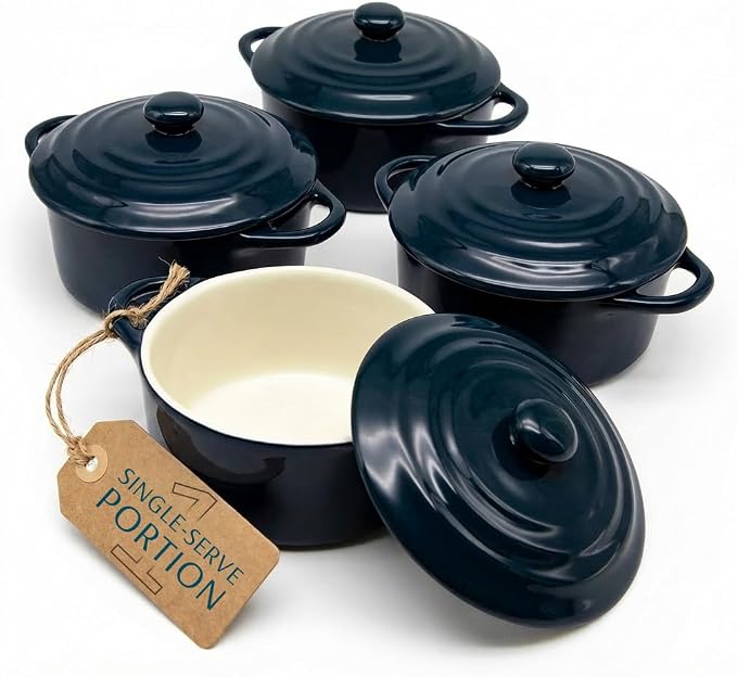 Kook Ceramic Mini Cocotte Set, Small Casserole Dishes with Lids and Handles, Individual Baking Ramekins, Oven safe 350F, Microwave & Dishwasher Safe, Stoneware, 12 oz, Set of 4, (Navy)