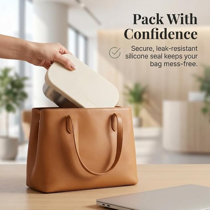 Flexibento -Stainless Steel Lunch Box 47 OZ Set,Bento Box, Stainless Steel Lunch Containers, Leak proof Metal lunch Box, 1 * 47 OZ+ 1 * 6.5 OZ,Vanilla-47 OZ+ 6.5 OZ set