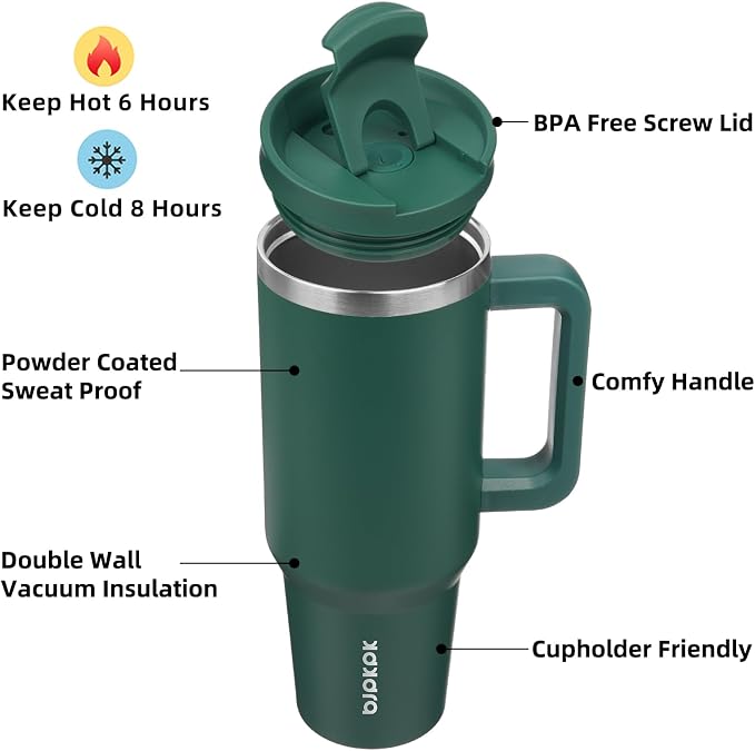BJPKPK 40 oz Insulated Tumbler with Handle & Straw, Stainless Steel | Double Wall Vacuum Insulation, Leak Proof, BPA Free, Dishwasher Safe, Cupholder Friendly, Travel & Outdoor, Army Green