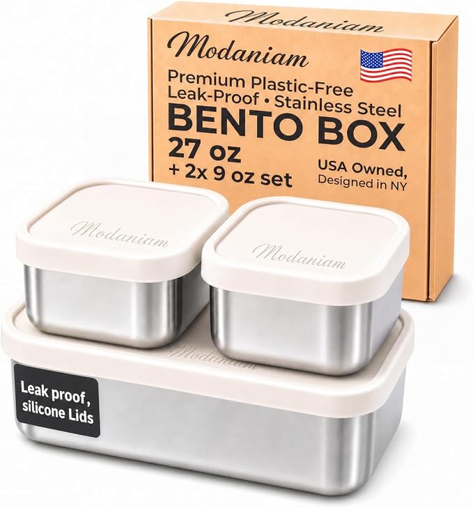 Stainless Steel Lunch Box Containers, 27 OZ + 9 OZ Set, Stainless Steel Bento Box, Metal Lunch Box, Sandwich & Snack Containers, Leak Proof SIlicone Lids,Small Vanilla - 1 * 27OZ + 2 * 9 OZ