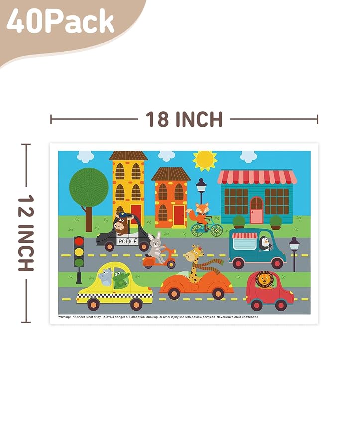 Babebay Disposable Stick-on Placemats 40 Pack for Baby & Kids & Toddler, Sticky Placemats Restaurant Table Mats 12" x 18" (Animals Driving Cars)