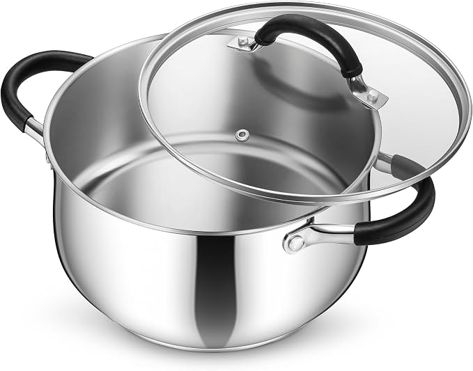 P&P CHEF 5 Quart Stainless Steel Stock Pot, Cooking Pot with Visible Lid | For Soup Pasta, Tri-Ply Bottom & Dual Heatproof Handles, For Induction Gas All Stoves, Non-Toxic & Dishwasher Safe