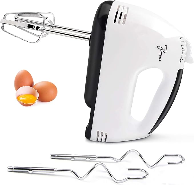 Electric Hand mixer - 7 Adjustable Speed 180W Handheld Mixer Electric Whisk with 5 Stainless Steel Accessories, Turbo Boost/Self-Control Speed + Eject Button Food Beater for Cakes Eggs, Off-white