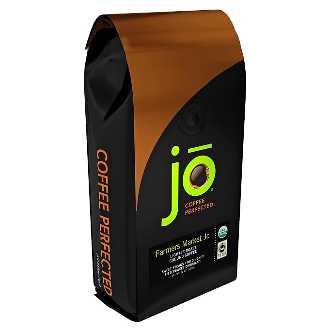 FARMERS MARKET JO: 12 oz, Organic Coffee, Ground, Lighter Roast | Soft Velvet Texture, USDA Certified Organic Fair Trade Certified Kosher, 100% Arabica Specialty Coffee, Non-GMO Gluten Free