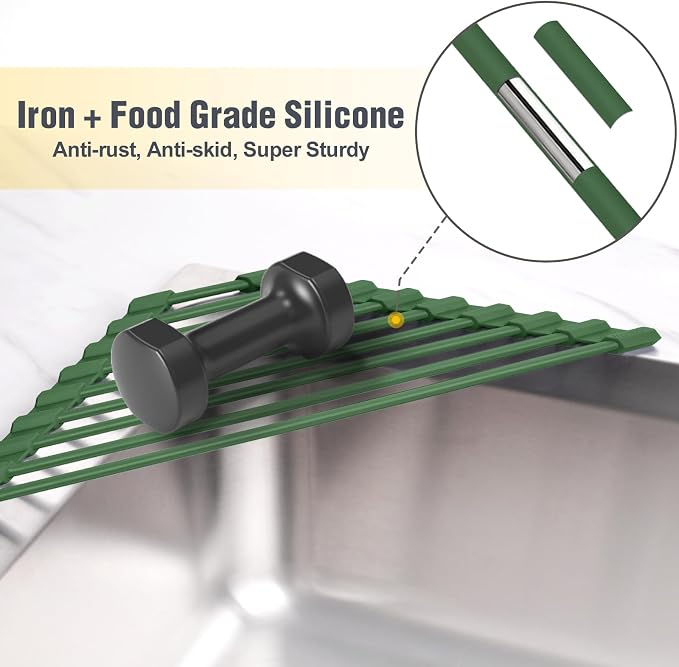 Tomorotec Roll Up Dish Drying Rack with Silicone Coating, Army Green | 304 Stainless Steel with BPA-Free Silicone, Triangle Design Maximizes Sink Corner Space, Fits Compact Kitchens And RVs