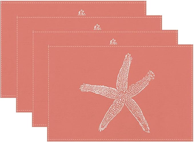 Summer Coastal Placemats Set of 4, Beach Theme Ocean Coral Starfish Decorative Table Mat 12 x 18 Inch Heat Resistant Non Slip Line Fabric Nautical Place mat for Dining Table
