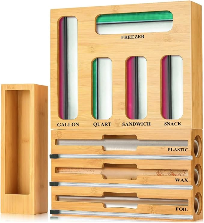 9 in 1 Storage Bag Organizer for Kitchen Drawer, Bamboo Foil and Plastic Wrap Dispenser with Cutter, Food Storage Bag Organizer for Quart, Gallon, Sandwich & Snack Bags, Aluminum Foil Organizer