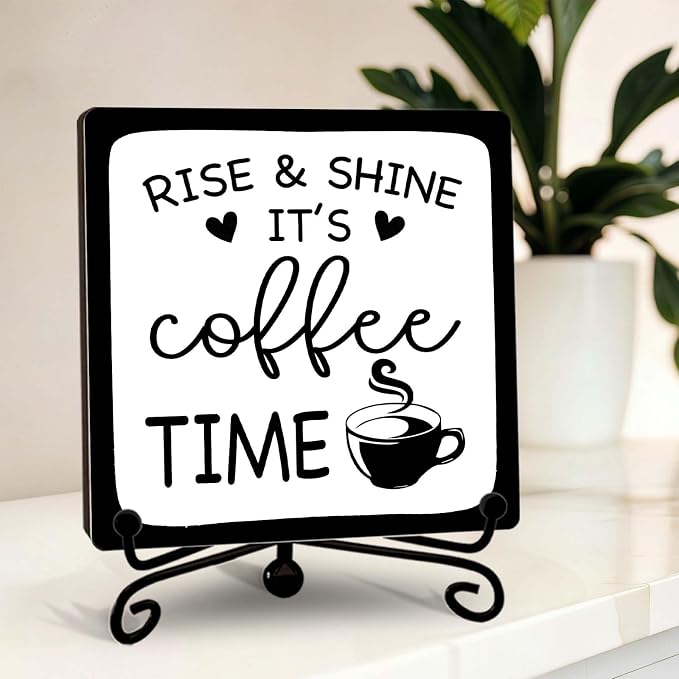 Minimalism Coffee Bar Decor, 5"x5" Coffee Bar Sign | Rise & Shine It's Coffee Time Wood Plaque with Stand | Rustic Gift for Home Kitchen Tabletop Desk - A06