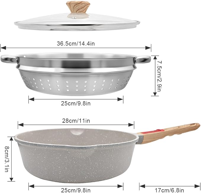 12-Inch Non Stick Deep Frying Pan Skillet with Steamer, 5 QT Nonstick Saute Pan with Lid & Detachable Handle, Induction Cooking Pan, Compatible with All Cooktops, Oven Safe, PFOA Free, White