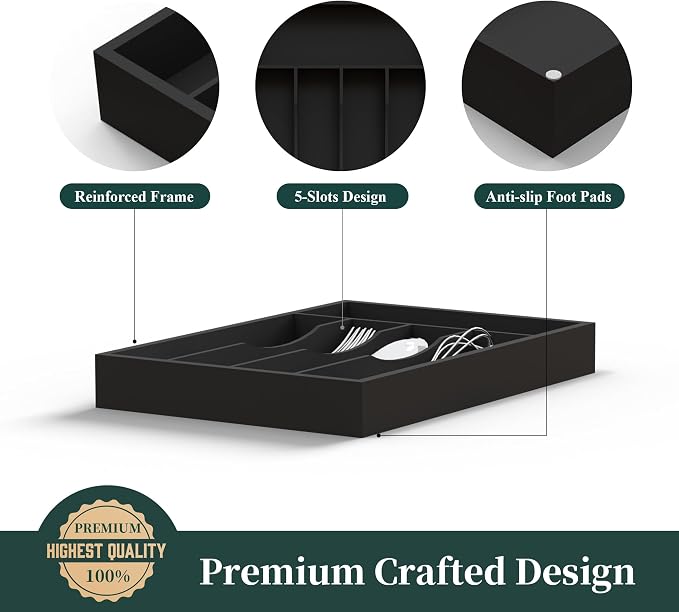 Bamboo Kitchen Sliverware Drawer Organizer (Black, 9.5''W x 13.5''D) | Cutlery Storage Tray with grooved dividers, Multi-purpose flatware storage tray, Utensil holder for folks/spoons/tableware