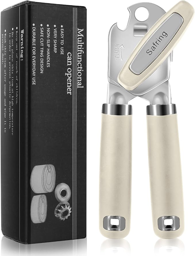 Safring Can Opener Manual, Heavy Duty Handheld Strong Can Opener with Soft Touch Handle, Sharp Blade Smooth Edge, Can Openers with Multifunctional Bottle Opener, Beige