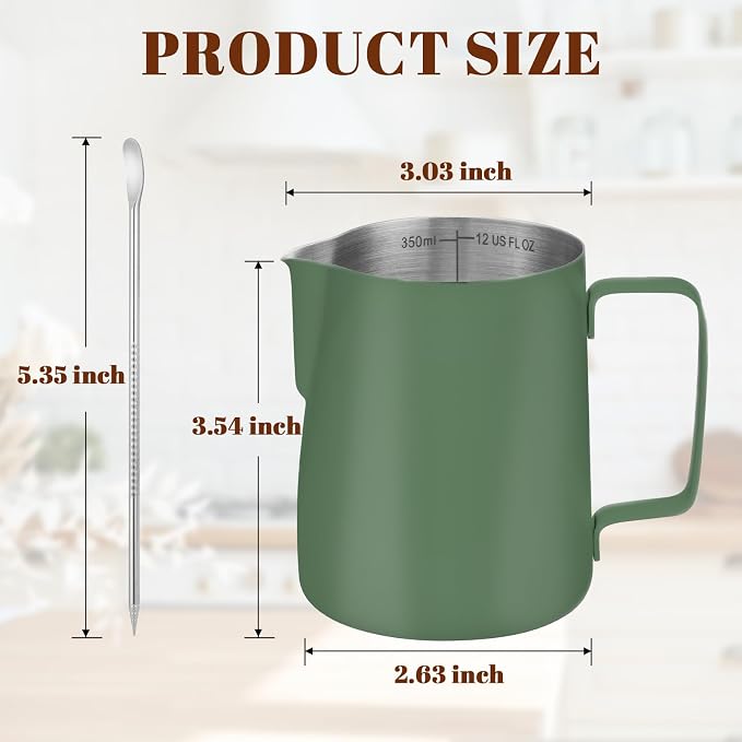 Amrules Milk Frothing Pitcher, 12 oz Milk Frother Cup with Clear Scale, 304 Stainless Steel Cappuccino Espresso Machine Accessories for Barista Coffee Bar with Latte Art Pen, Green