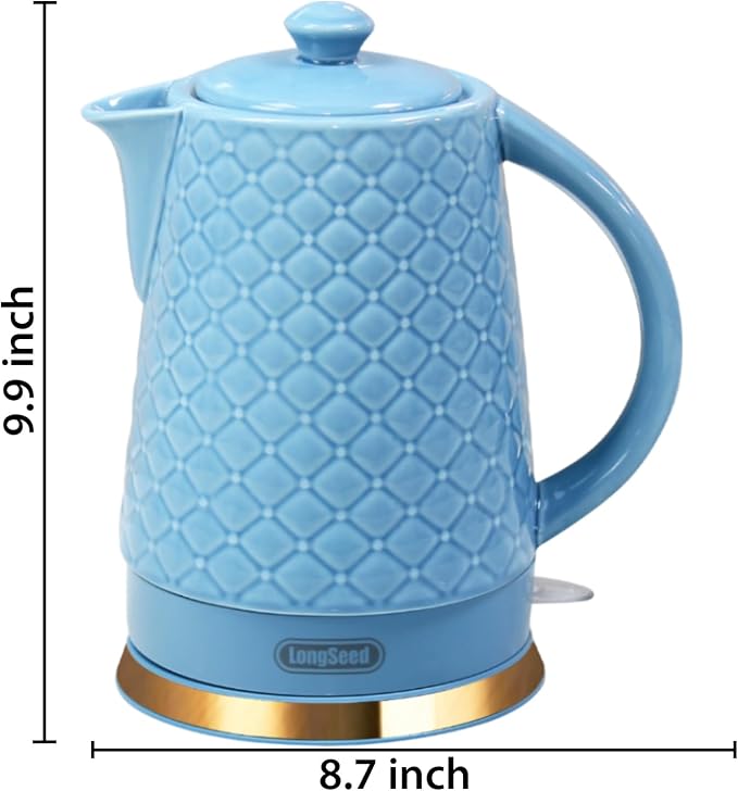 1.5L Ceramic Electric Kettle, 1200W Fast Boil Retro Tea Pot with LED Light, BPA-Free Porcelain Cordless Water Boiler, Auto Shut-Off & Boil-Dry Protection, Blue Relief Carving