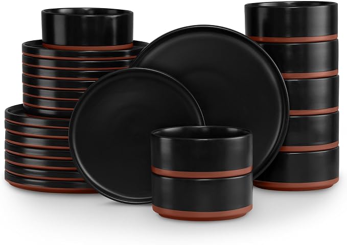 LIANYU 24 Piece Dinnerware Set for 8, Modern Style Stoneware Dinnerware Set | Scratch Resistant, Dishwasher Safe Bowl and Plate Sets, Ceramic Dish Dinner Set, Charcoal Black