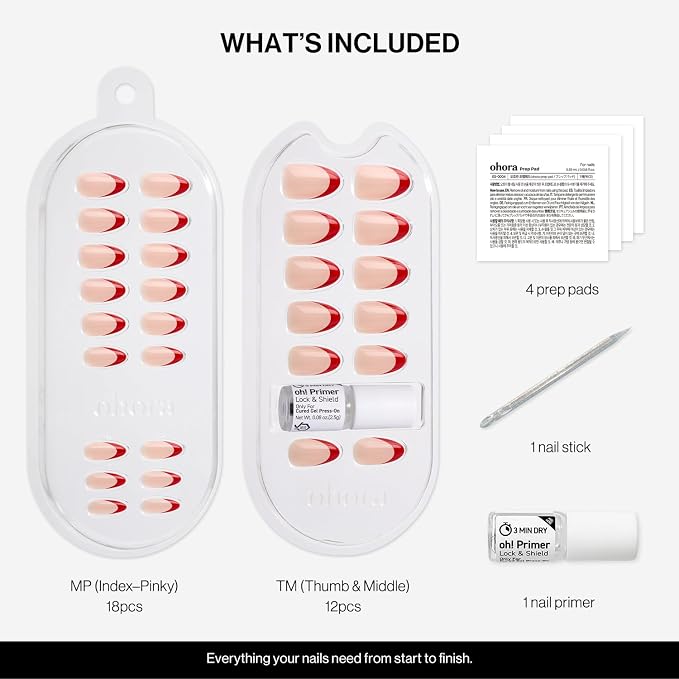 ohora Gel Press On Nails | Red, French, Medium Oval | Scarlet French | Salon-Quality, 100% Real Gel, No UV Lamp, No Glue, Non-Toxic | 15 Sizes, 30 Tips | Long Lasting press ons, K beauty nails
