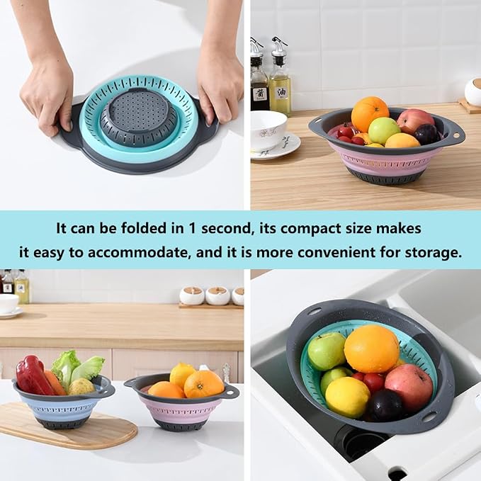 Collapsible Colander and Strainer,Silicone Strainer Colanders & Food Strainers,for Vegetable and Fruit, Kitchen Essentials (3, Pink, 1.3L+2.1L+2.5L)
