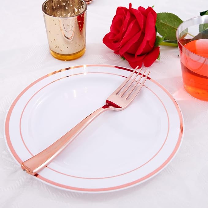300 Pieces Rose Gold Plastic Silverware- Disposable Flatware Set - Heavy Duty Plastic Cutlery Includes 100 Forks, 100 Spoons, 100 Knives Perfect for Wedding/Party/Birthday