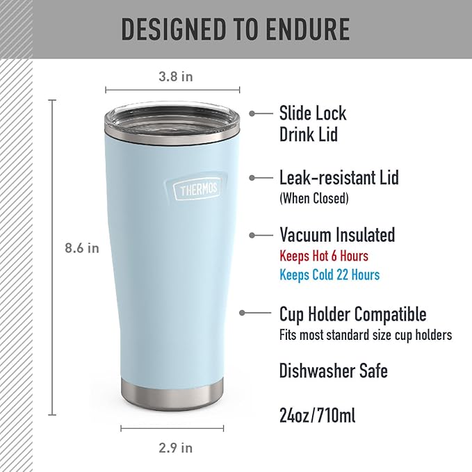THERMOS Icon Series 24oz Stainless Steel Tumbler with Slide Lock Lid, Leakproof, Fits Cupholder, Dishwasher Safe, Griptec™ Non‑Slip Base, Keeps Drinks Hot 6 Hrs/Cold 22 Hrs, Glacier