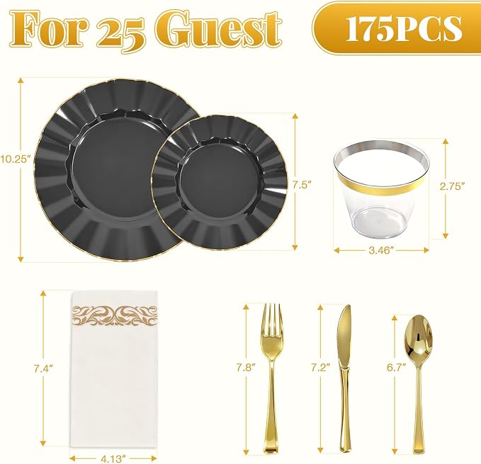 Glowserve 175 Piece Disposable Plastic Plates Dinnerware Set for 25 Guests | 50 Plastic Plates,25 Silverware Set,25 Cups and Napkins,Wedding Birthday,Family Party,Fancy Plastic Plates