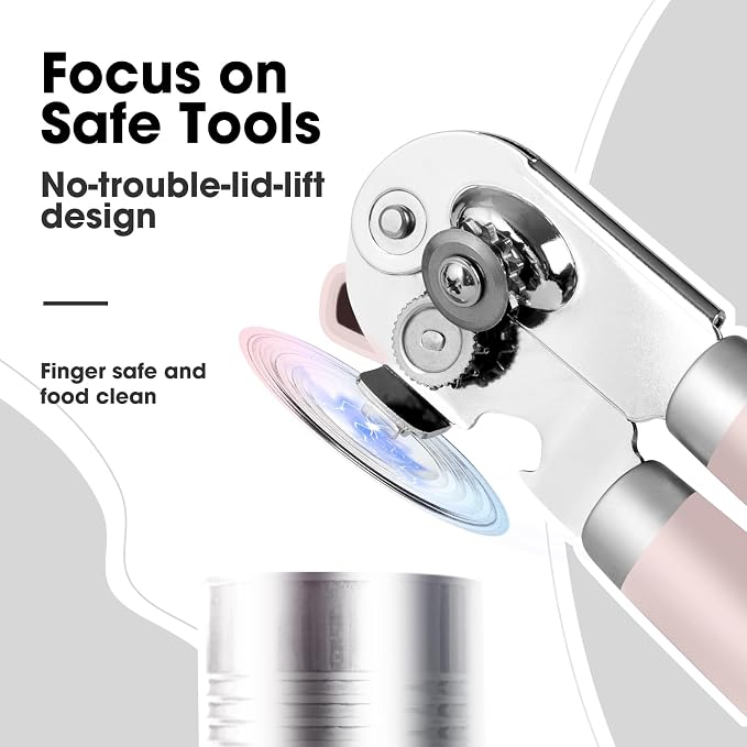 Beneno Heavy Duty Hand Can Opener Manual with Magnet, Light Pink | Razor-Sharp Carbon Steel Blade, Precise Smooth Cutting Gear, Big Effort-Saving Knob, Soft Grip Handle, Built-in Bottle Opener