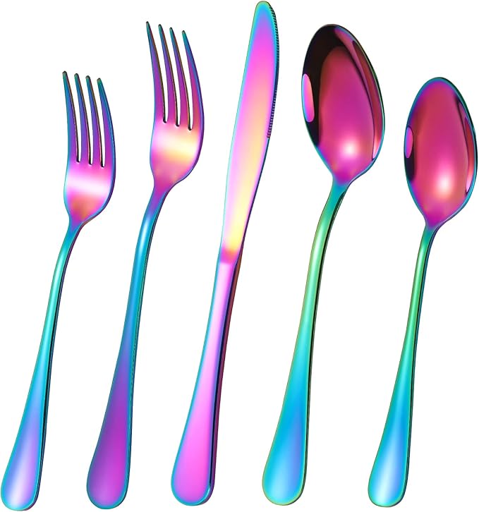Rainbow Silverware Flatware Set for 8, 40 piece Stainless Steel Colorful Cutlery With Titanium Plated, Tableware Kitchen Eating Utensil Set Include Knife/Fork/Spoon, Mirror Polished, Dishwasher Safe