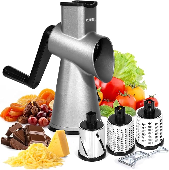 cheese grater hand crank manual, cheese shredder, High Grade steel housing-Vegetable Slicer salad shooter & vegetable shredder Rotary Grater Slicer for, Nuts, with 3 Interchangeable Blades